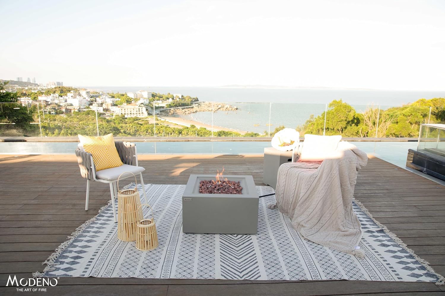 AMS Fireplace | Modeno Ridgefield Package | Light Gray Natural Gas Fire Pit Table for Outside Patio Bundle with Wind Guard, SS Burner Lid | Free Ice Bucket & Rubber Mat