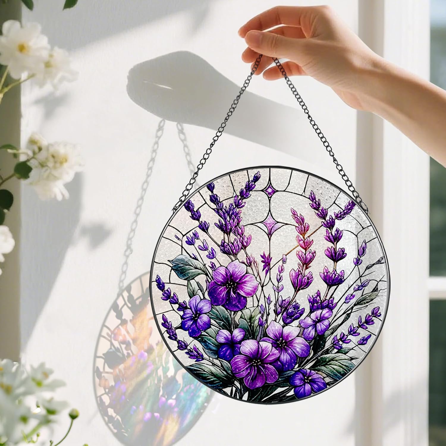 Bauhinia&Violets Flower Stained Glass Suncatcher, Stained Glass Window Hanging, 8 Inch Window Hanging Decor, Christmas, Mother's Day, Birthday Gifts for Mom, Grandma, Women, Wife, Lovers