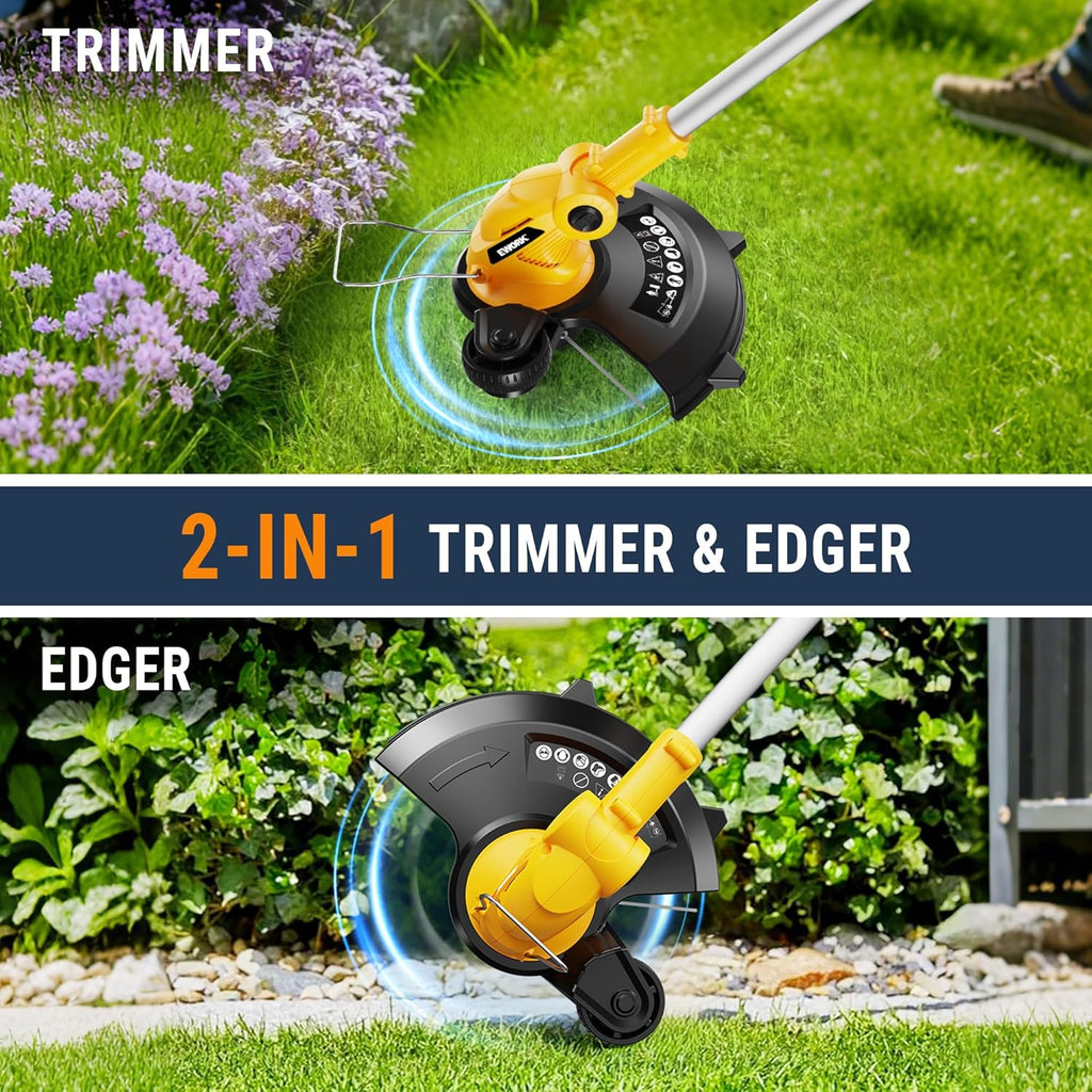 EWORK 20V 12-Inch Electric String Trimmer Cordless, 2.0Ah Battery Powered Weed Eater, 2 in 1 Trimmer and Edger with Auto Line Feed, Electric Weed Wacker for Lawn, Garden, Yard, etc