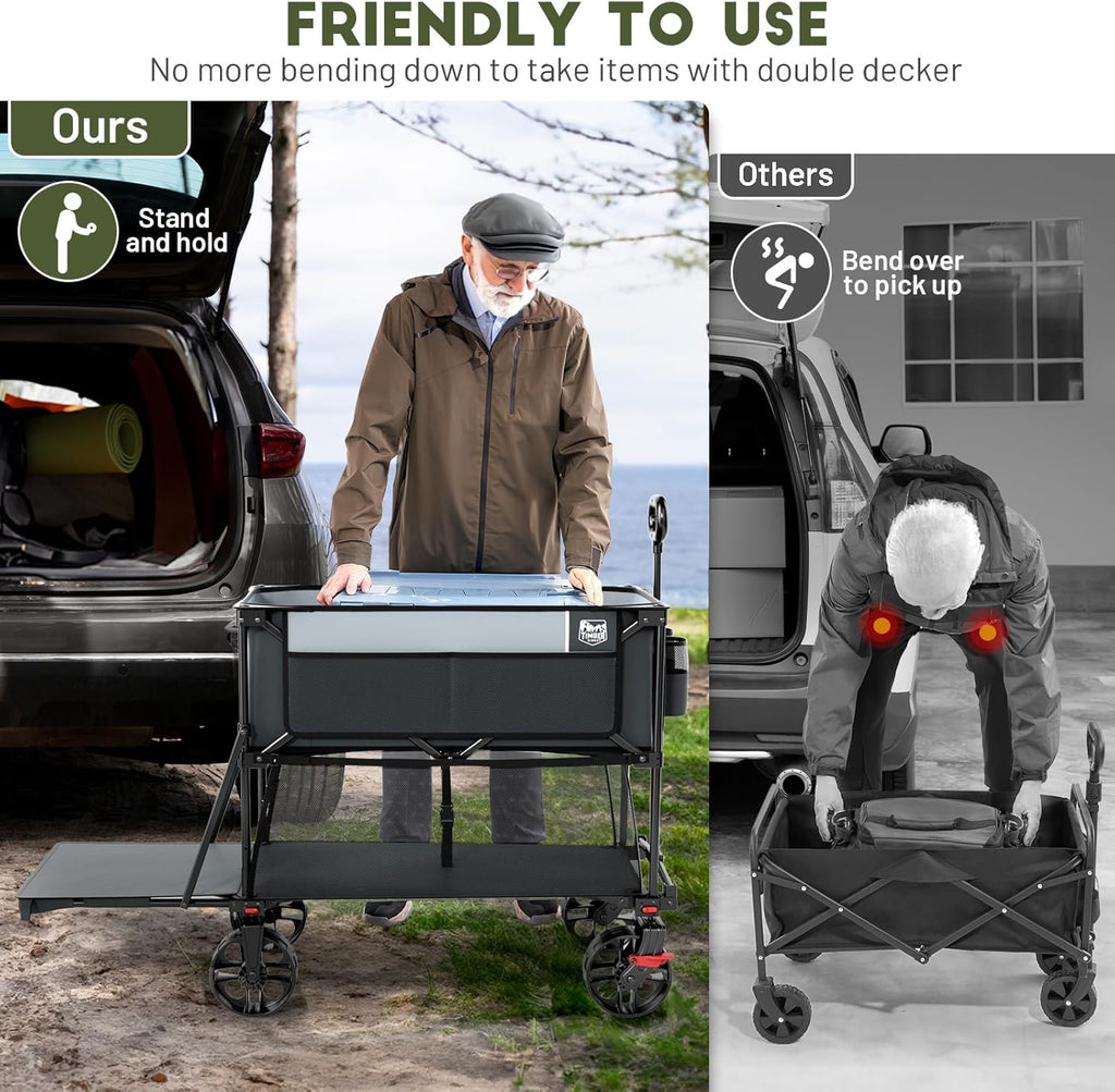 TIMBER RIDGE 400L Large Capacity Folding Double Decker Wagon with Brakes, 54" Extra Long Extender Wagon Cart, 660lbs Heavy Duty Collapsible Cart, All-Terrain Big Wheels for Camping, Sports, Shopping