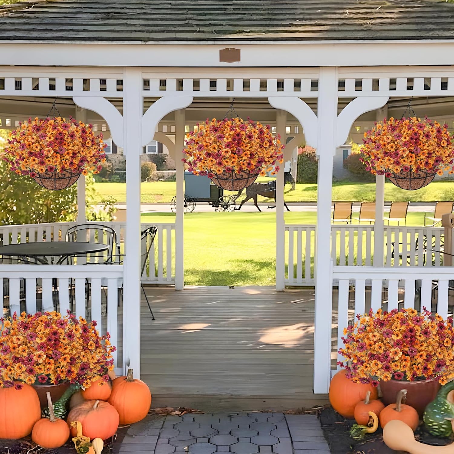 Fall Artfiticial Hanging Flowers Baskets for Outdoors, UV Resistant Fake Fall Hanging Plants, Faux Orange Flowers for Autumn Home Patio Garden Front Porch Balcony Decor (Yellow Red)