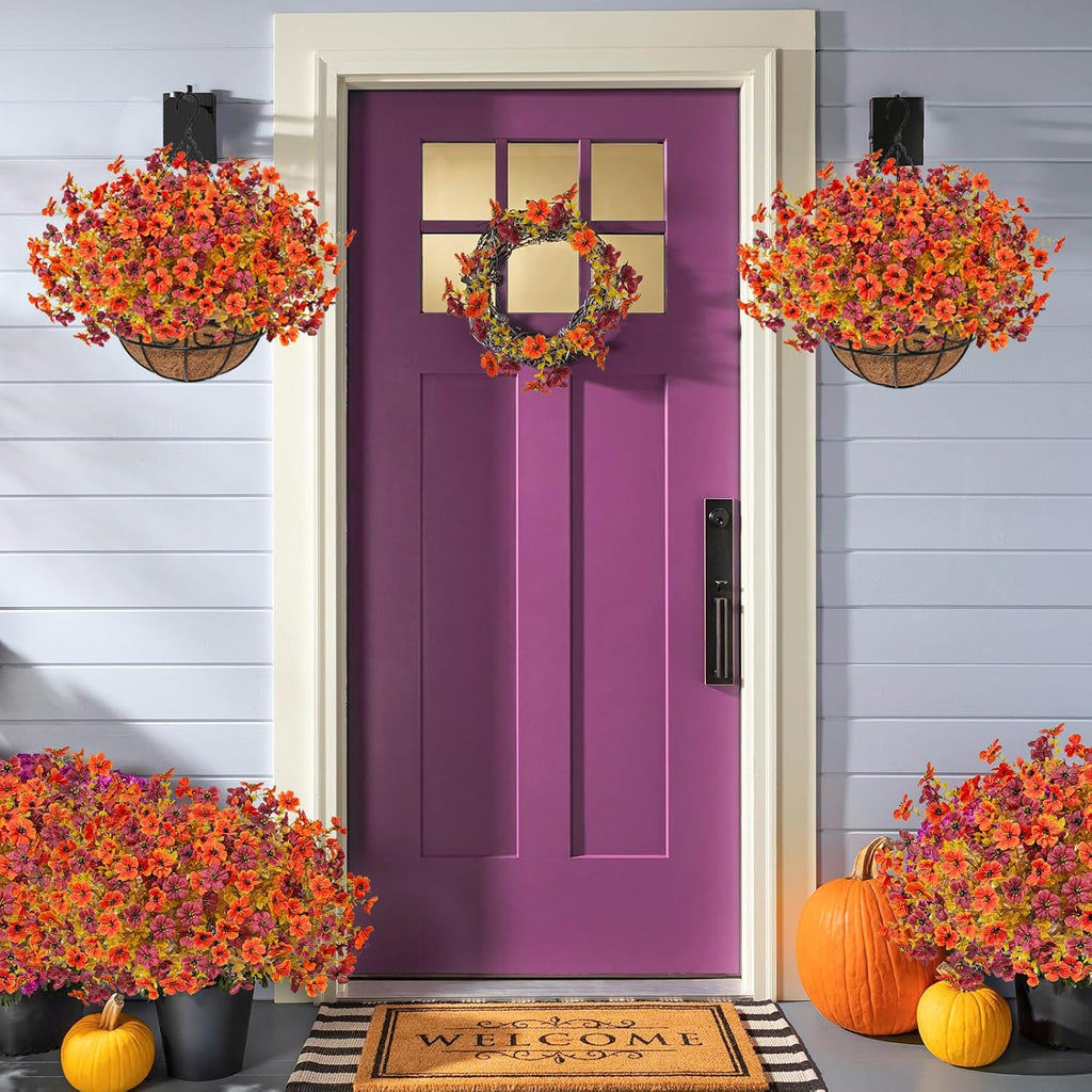 2 Pack Fall Artificial Hanging Flowers Baskets for Outdoors, UV Resistant Fake Fall Hanging Plants, Faux Orange Flowers for Autumn Patio Front Porch Balcony Decor (Orange Red)