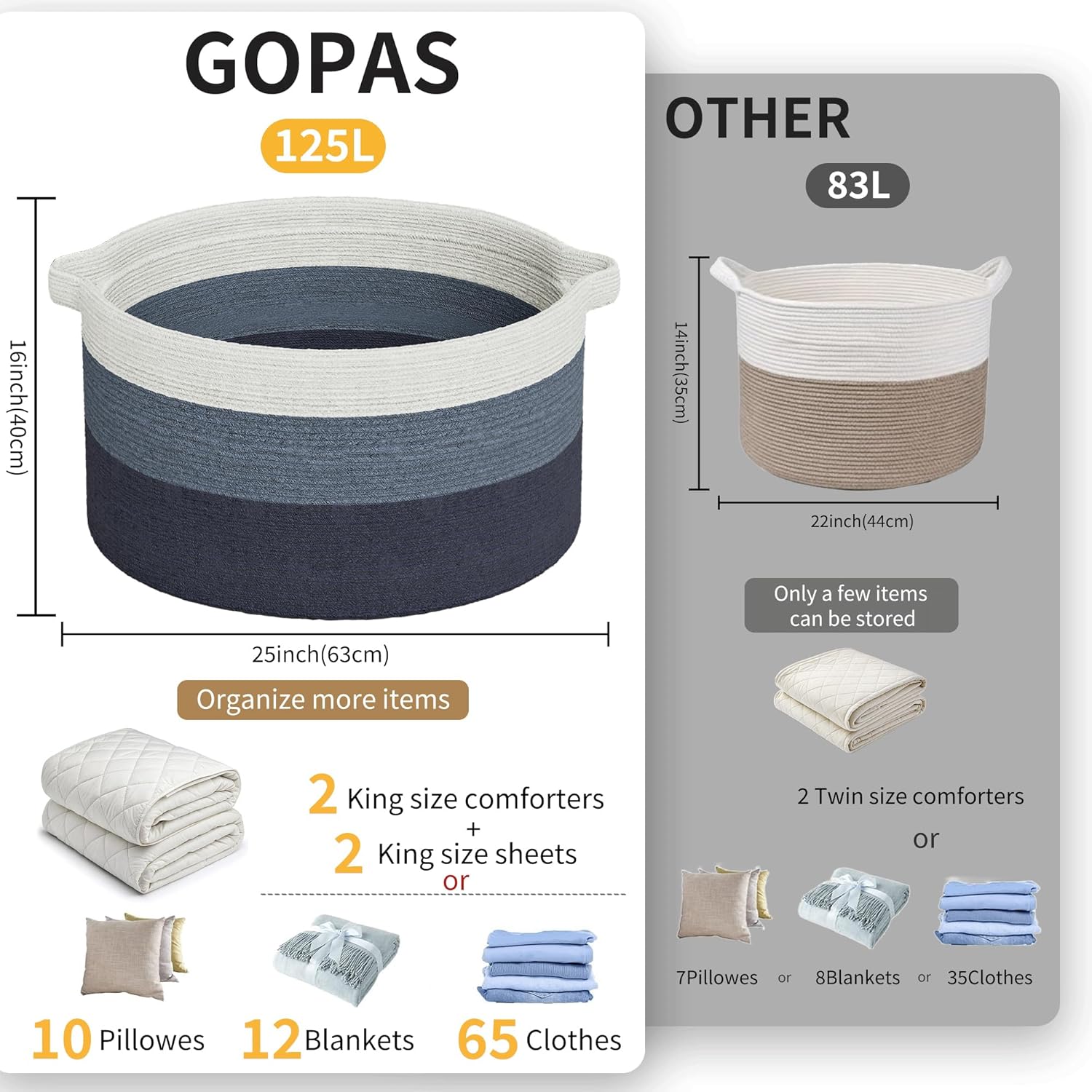 125L Extra Large Blanket Basket, 25" x 16", Jumbo Laundry Woven Baskets Decorative Home, Cotton Rope Basket with Handles, Baby Toy Baskets for Storage, Gradual Blue, 2PC