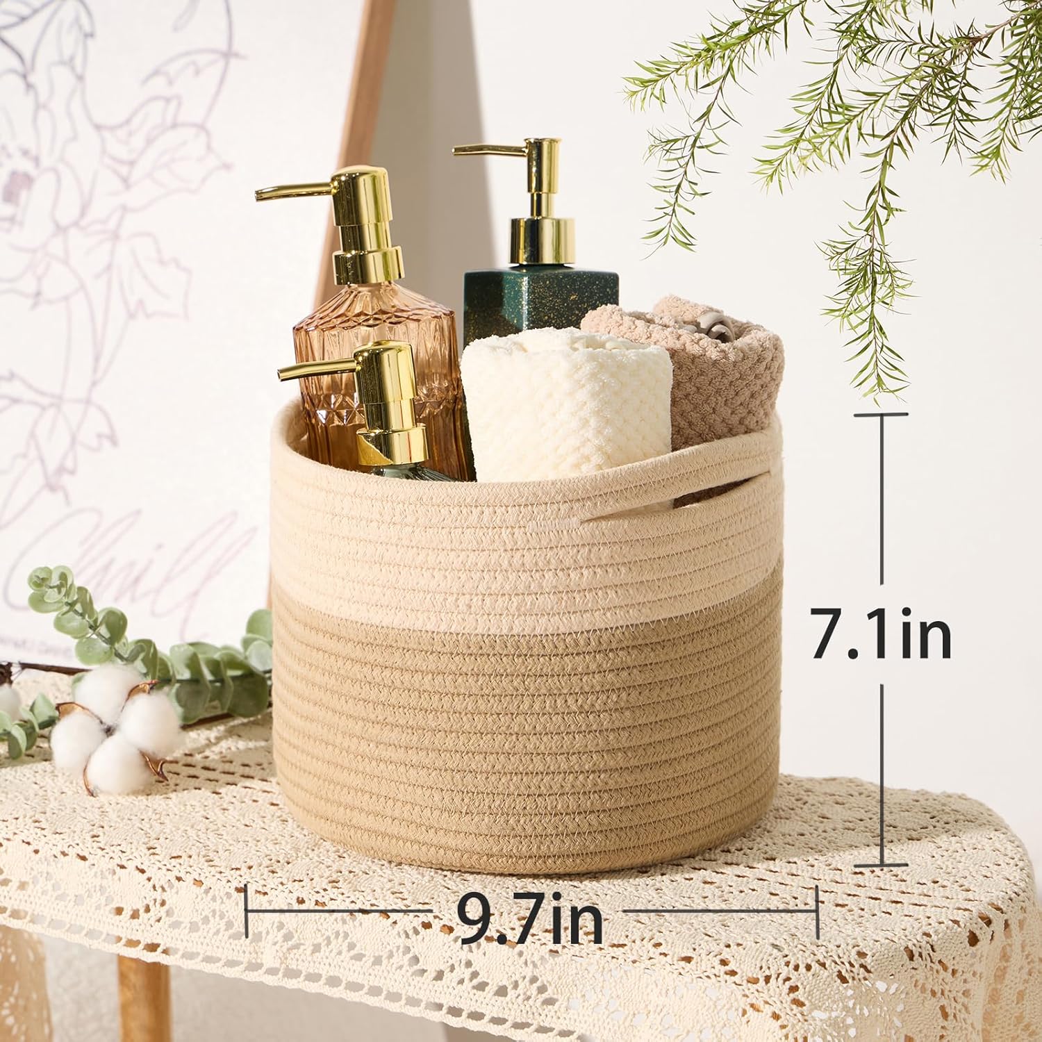 Small Basket for Organizing | Cube Shelf Closet Storage Baskets | 9.7×9.7×7.1” | Woven Rope Gift Basket | Nursery | Round 3 Packs Tan