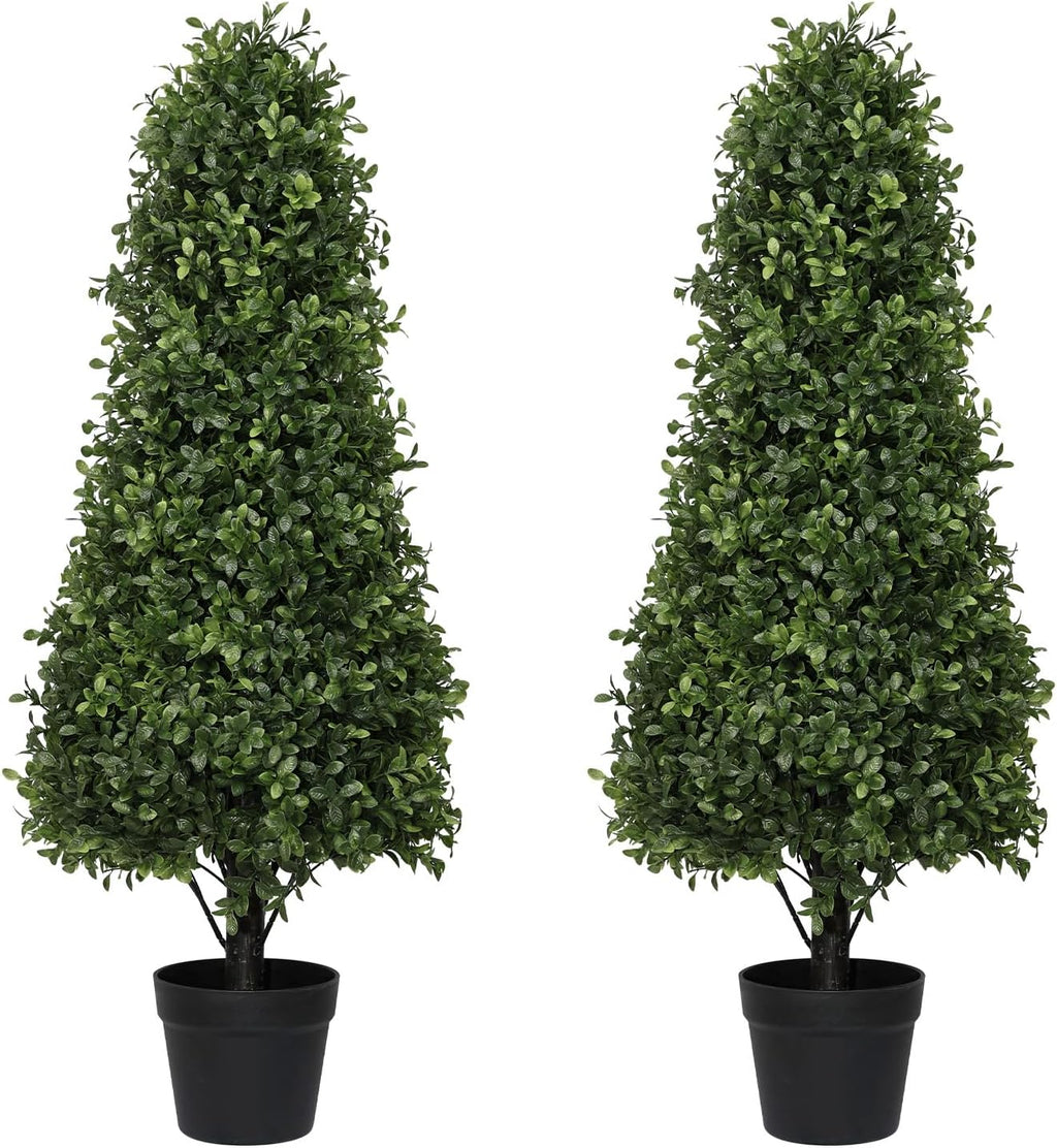 3ft Artificial Boxwood Topiary Trees (Set of 2) - UV Resistant Faux Plants Outdoor, Realistic 36" Fake Cone Bushes and Shrubs for Front Porch, Planter, Patio - Low Maintenance & Evergreen