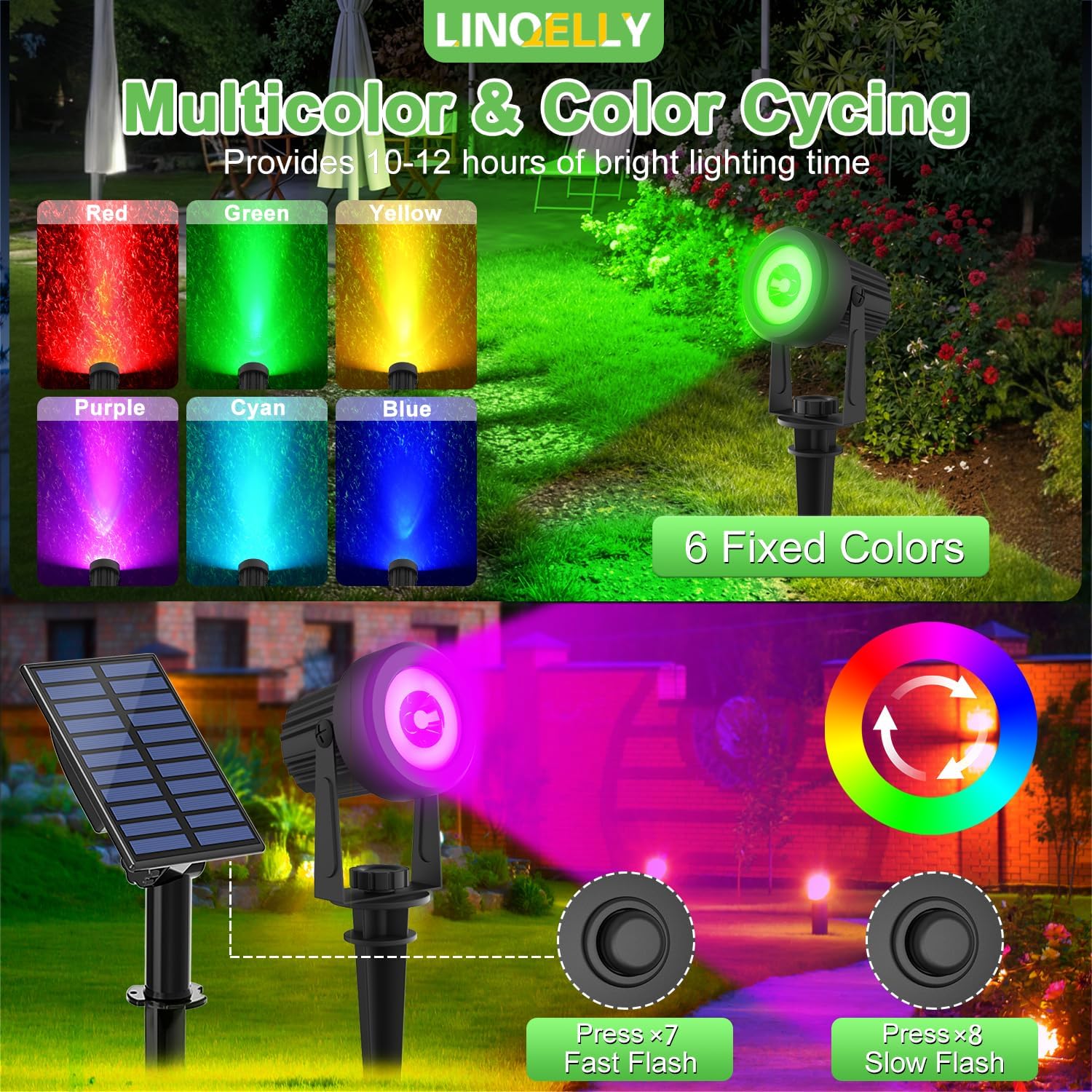 RGB Solar Spot Lights Outdoor 2Pack Color Changing Landscape Lighting IP65 Waterproof Auto Dusk to Dawn Spotlights Outside for Garden Yard Pathway