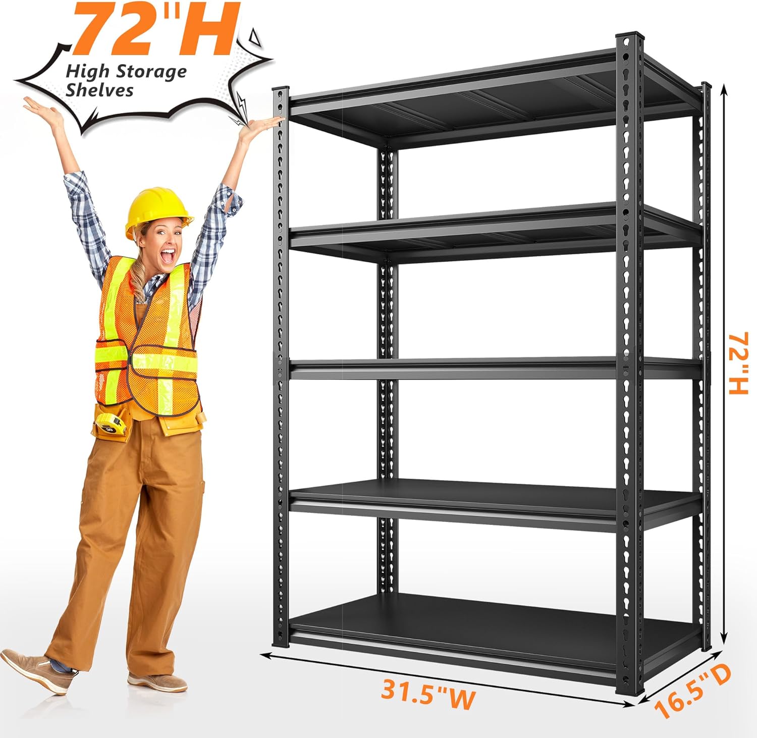 REIBII 72'' Storage Shelves 2050LBS Garage Shelving Heavy Duty 5-Tier Metal Shelving Adjustable Garage Shelves for Storage,Basement, Warehouse,72" H*31.5" W*16.5" D, 2PC