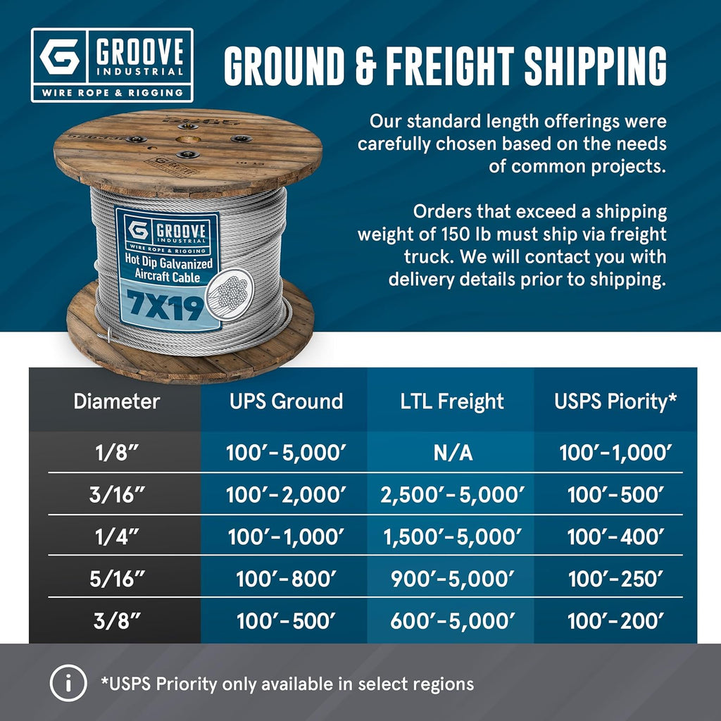1/8’’ 7x19 Hot Dip Galvanized Aircraft Cable – Steel Wire Rope - 800 Feet