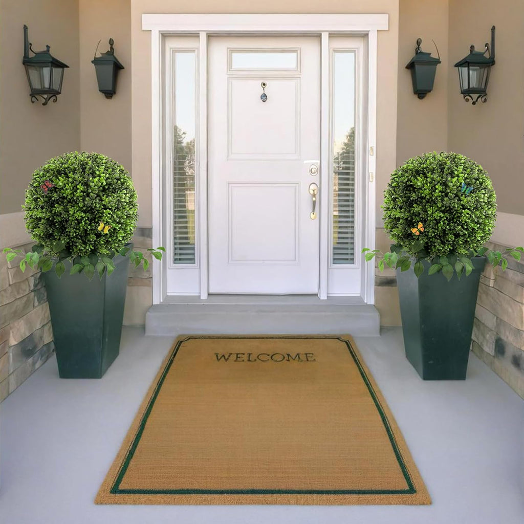 28" Artificial Boxwood Ball Bush, UV Resistant Topiary Tree Faux Boxwood Ball Shaped Porch Bushes with Ground Spike Artificial Bushes for Outdoors Front Door Decor Home Garden