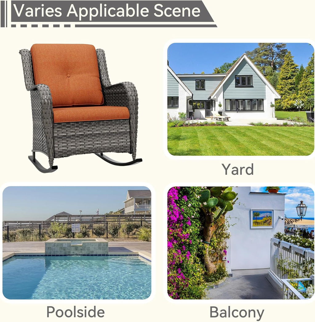 1 PC Outdoor Rocking Chair, Wicker Patio Rocker Chair for Yard, Porch, Mixed Brown Grey Rattan, Orange Cushions