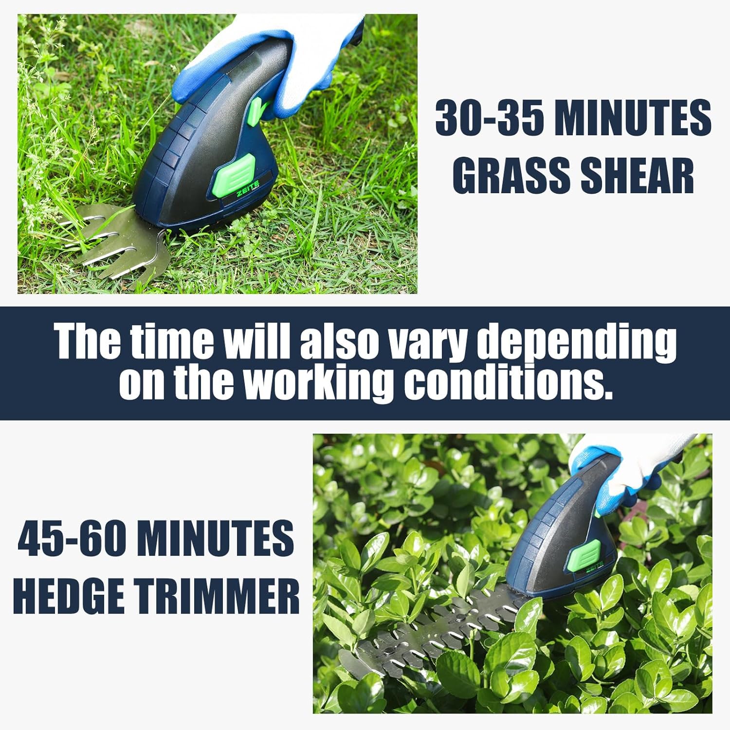 ZEITE 7.2V Grass Shear & Shrubbery Trimmer, 2-in-1 Cordless Grass Cutter and Mini Hedge Trimmer, Rechargeable Li-ion Battery and Charger,Long Handle,Versatile Garden Tool for Grass & Bush Trimming