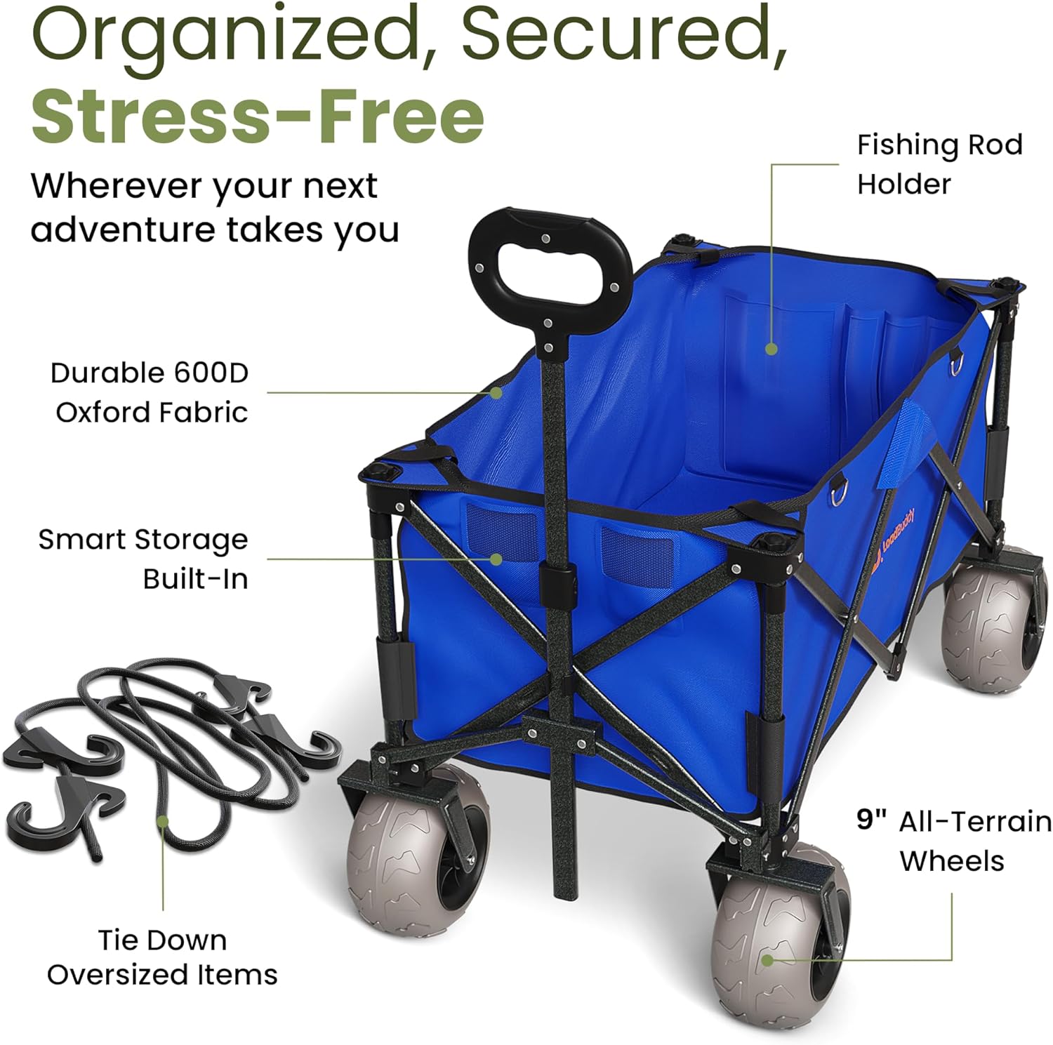 Beach Wagon with 9" Balloon Wheels & Fishing Rod Holders – Foldable Cart for Sand with Inflatable Tires, Bonus Pump & Spare – Heavy Duty Utility Wagon - Blue/Blue