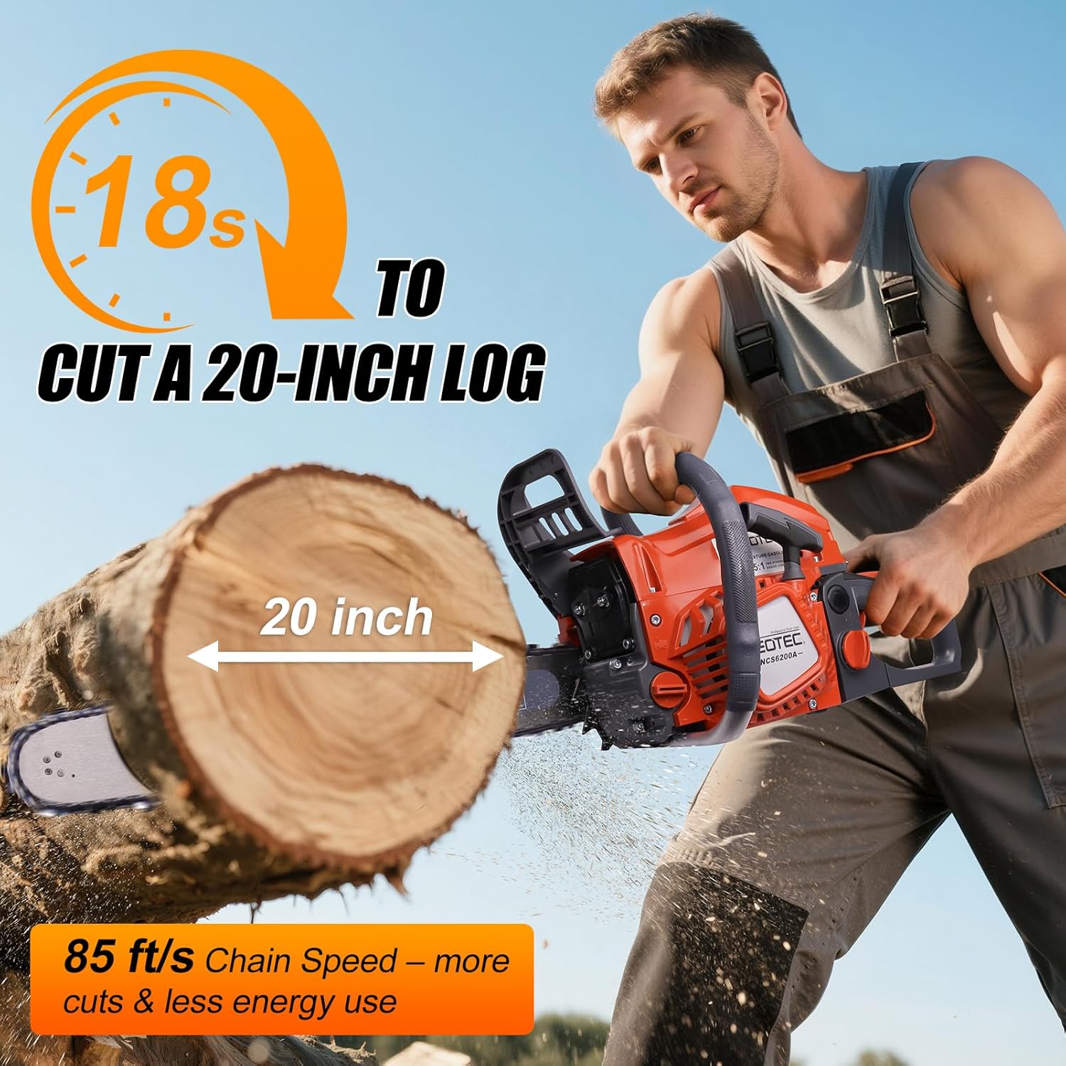 62CC 2-Cycle Gas Powered Chainsaw, 20 Inch Handheld Cordless Petrol Gas Chainsaw for Backyard Storm Cleanup Tree Wood Firewood Cutting