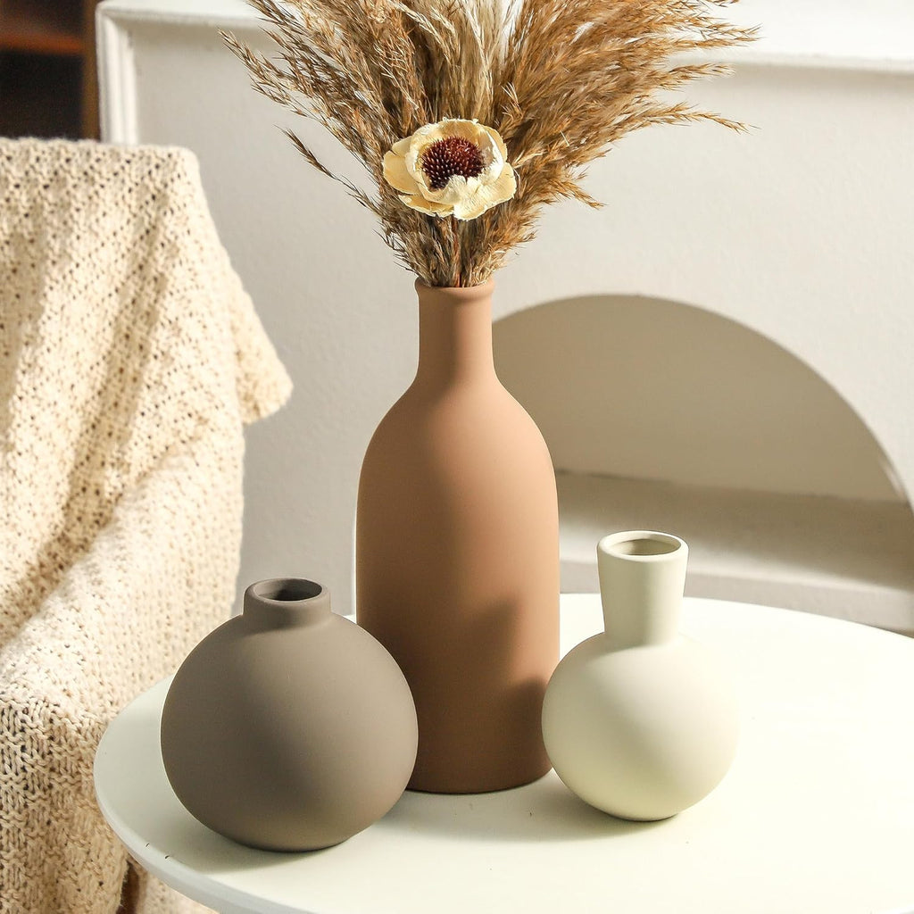 Vase Set of 3 | Ceramic Neutral Vases Home Decor | Rustic Flower Pottery Vases Modern Farmhouse Vase for Table Entryway Mantel Centerpiece Bookshelf Living Room Bathroom Bedroom -Brown Large