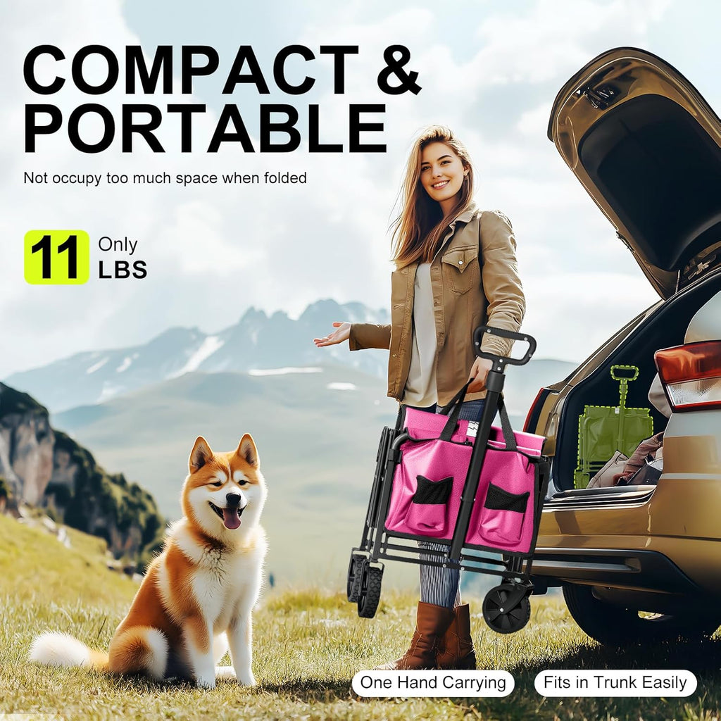 Collapsible Wagons Carts Foldable with Extended Tailgate, Folding Wagon Cart on Wheels, Portable Heavy Duty Shopping Carts for Groceries, Apartment, Garden, Camping, Sports, Outdoor (Pink)