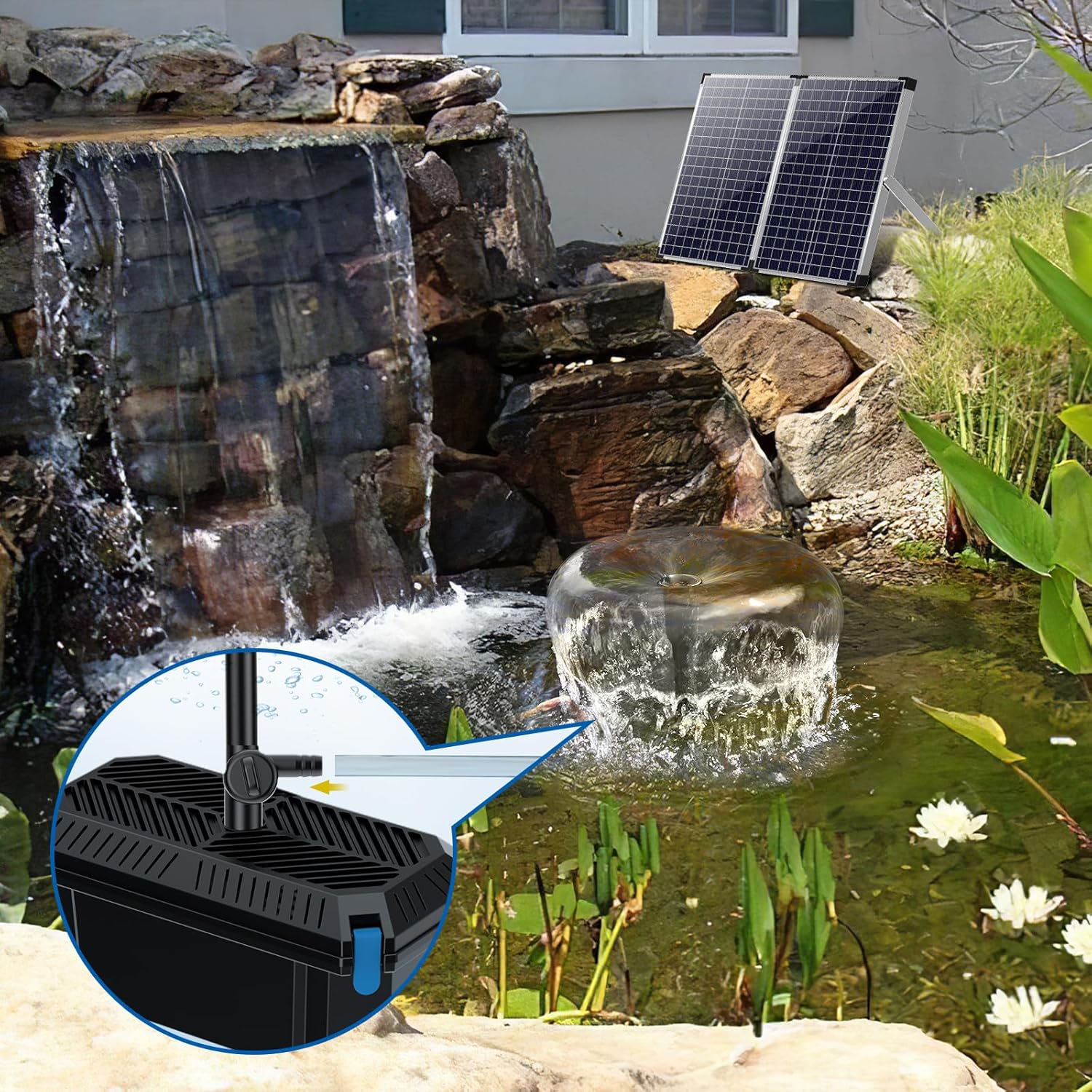 Antfraer 70W Solar Water Pump with Pond Filter, Solar Pond Pump with 16.5FT+10FT Cord & 6.6FT PVC Tubing for Fish Pond Pool Garden Waterfall Hydroponics DIY Water Features