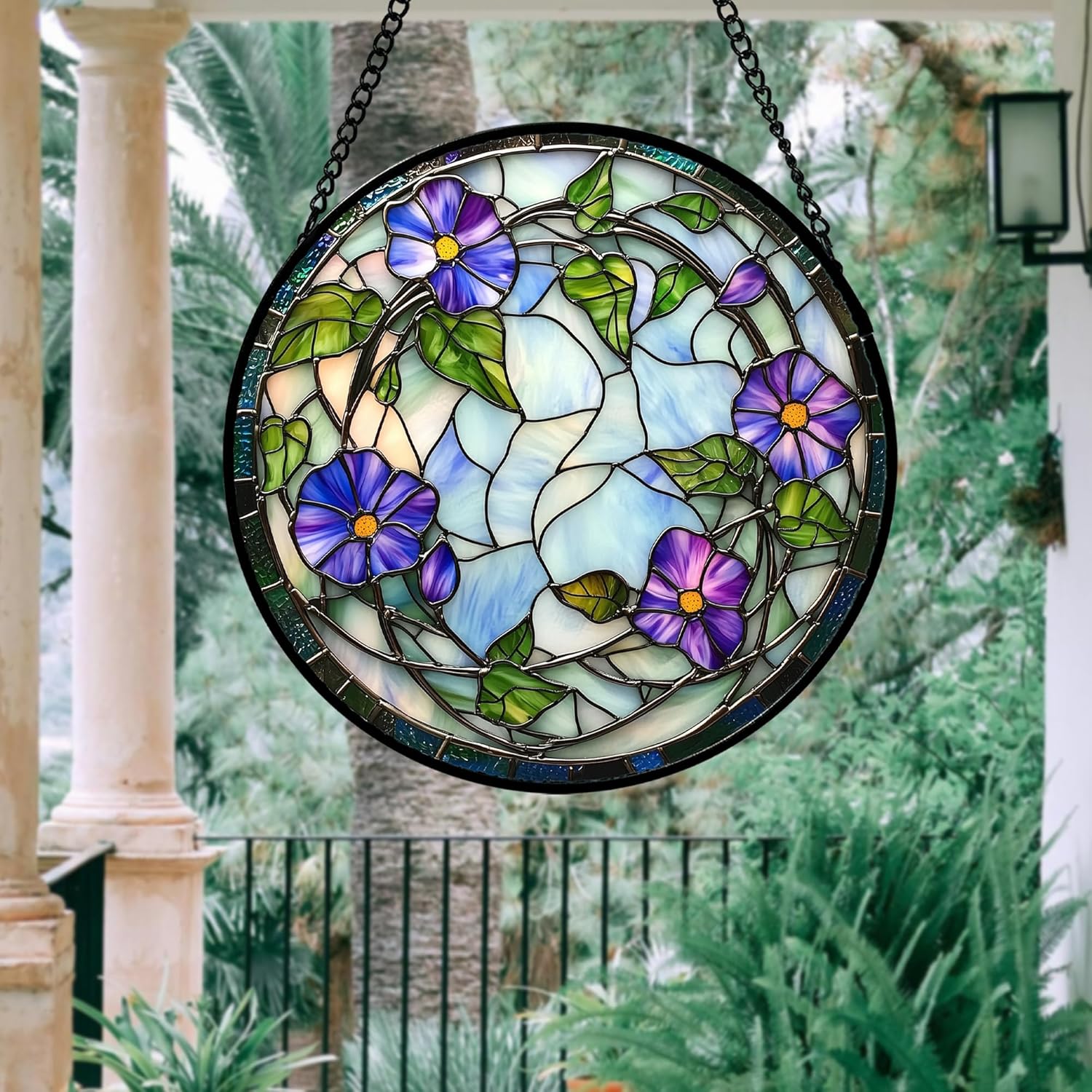 Stained Glass Window Hanging, Purple Morning Glory Flowers Suncatcher for Doors Window Home Plant Sun Catchers Decoration Mother's Day Birthday Gifts for Women, Men, and Mom 7.8x7.8 in