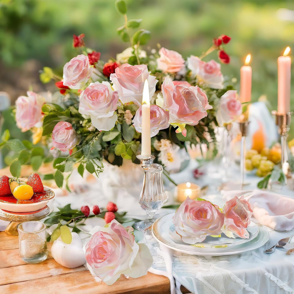 Rose Pink Artificial Roses Fake Flowers Not Bend The Peduncle with Stems for DIY Wedding Bouquets Bridal Shower Centerpieces Arrangements Tables Decorations 12pcs