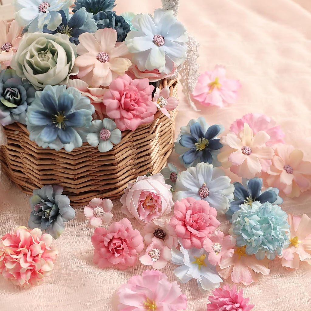 Faux Flower Heads Mini Blue Pink Artificial Flower Heads Fake Peony Daisy Rose Flowers Multicolor Small Silk Daisy Flower Heads for Craft Garland Wedding Party DIY Home Decoration,2-4 cm