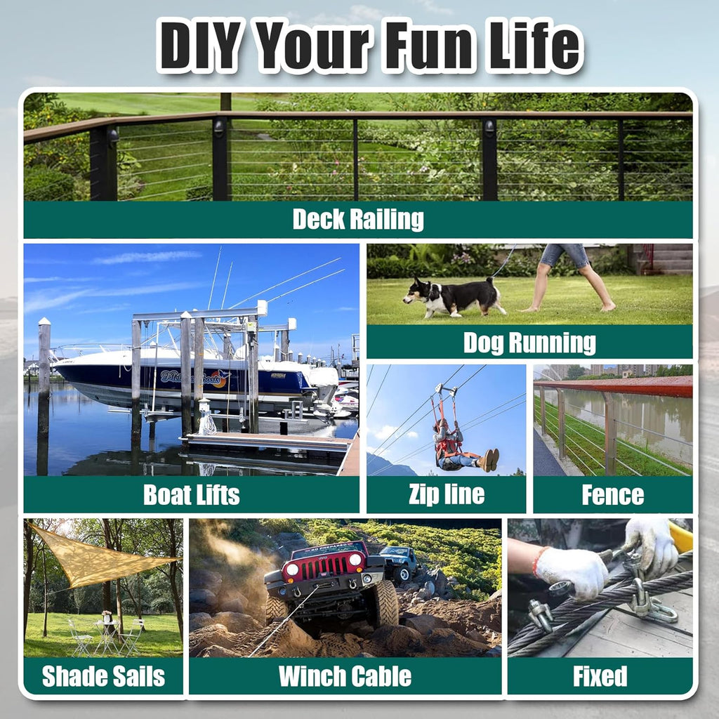 1/4" Stainless Steel Cable, 250FT Wire Rope, 7X19 Strands Aircraft Cable, 6400lbs Breaking Strength, for Zipline, Outdoor, Deck Railing, Heavy Duty Applications, Hanging