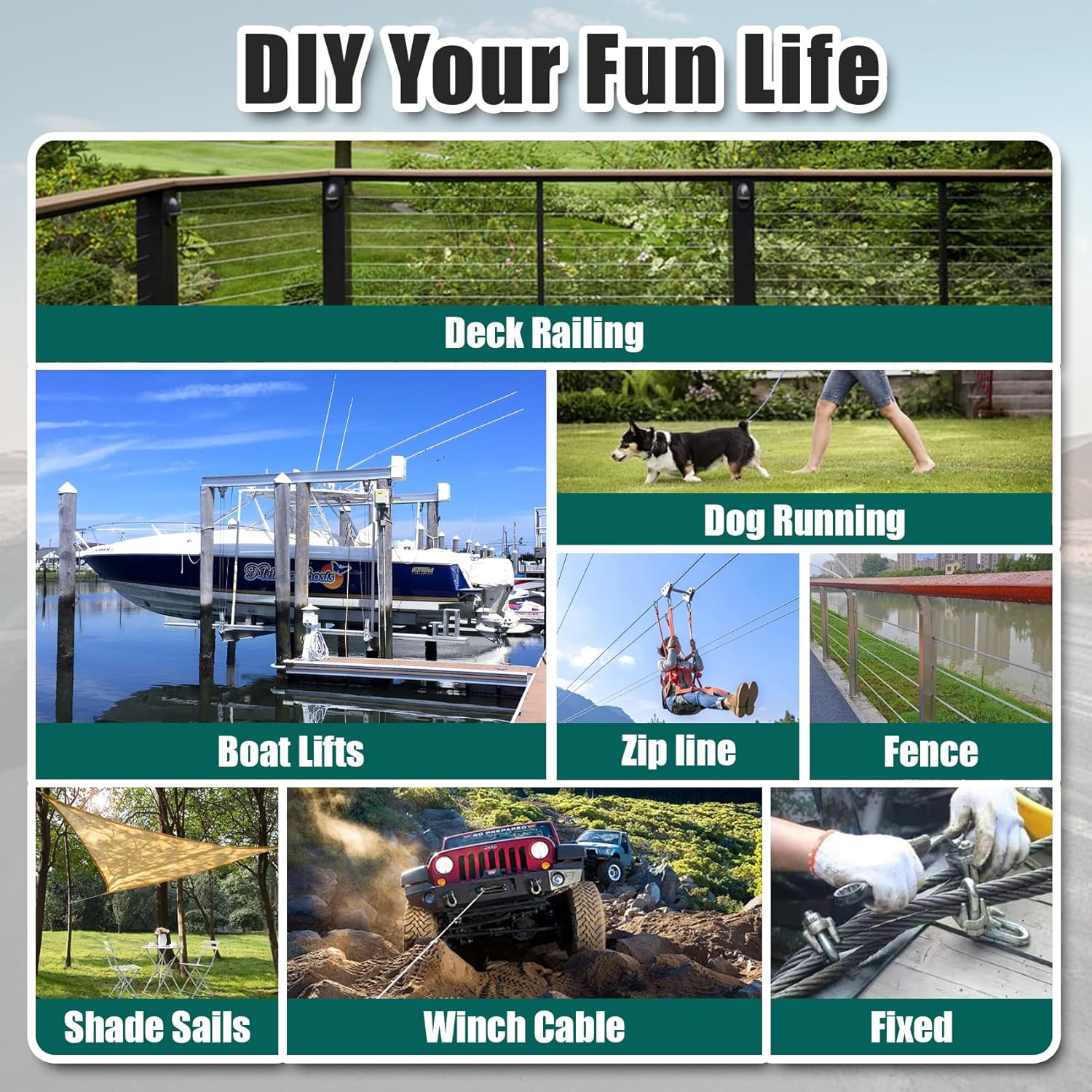 1/4" Stainless Steel Cable, 250FT Wire Rope, 7X19 Strands Aircraft Cable, 6400lbs Breaking Strength, for Zipline, Outdoor, Deck Railing, Heavy Duty Applications, Hanging