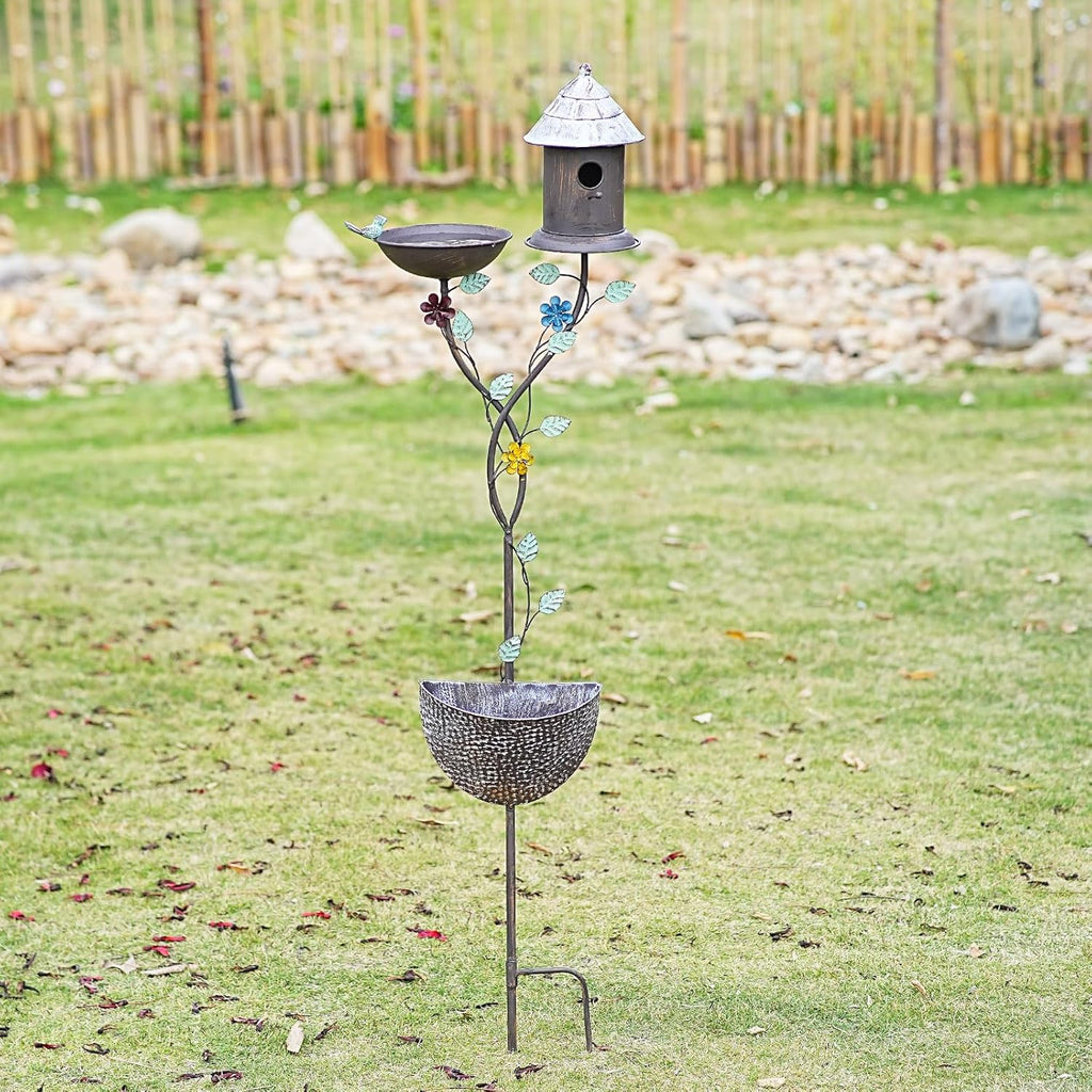 56.7” H Bird Baths for Outdoors, Metal Bird Bath Bird House and Planter Pot 3-in-1 Design, Birdbath and Bird Houses with Pole Stand for Outside Garden Yard Decor