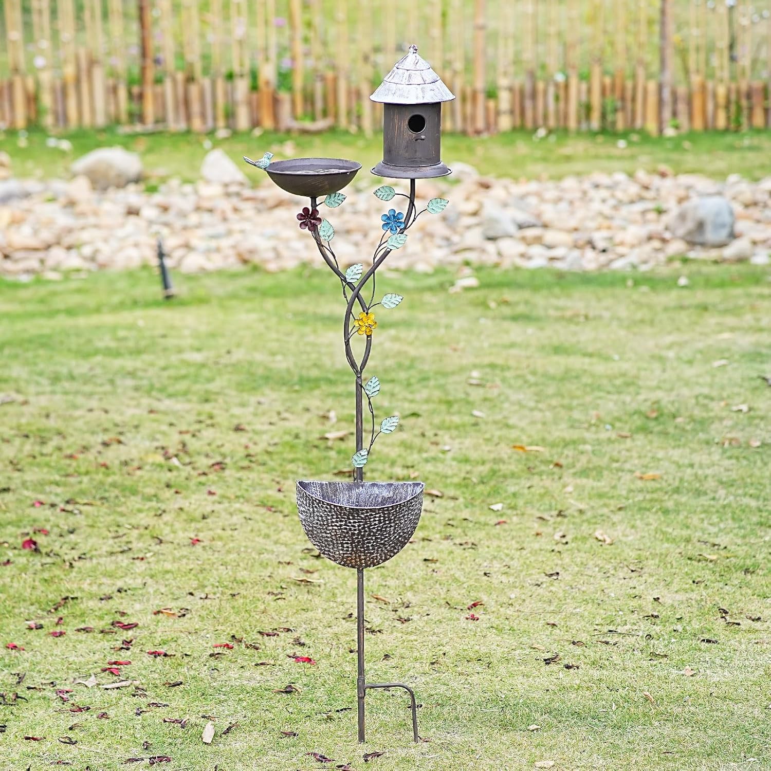 56.7” H Bird Baths for Outdoors, Metal Bird Bath Bird House and Planter Pot 3-in-1 Design, Birdbath and Bird Houses with Pole Stand for Outside Garden Yard Decor