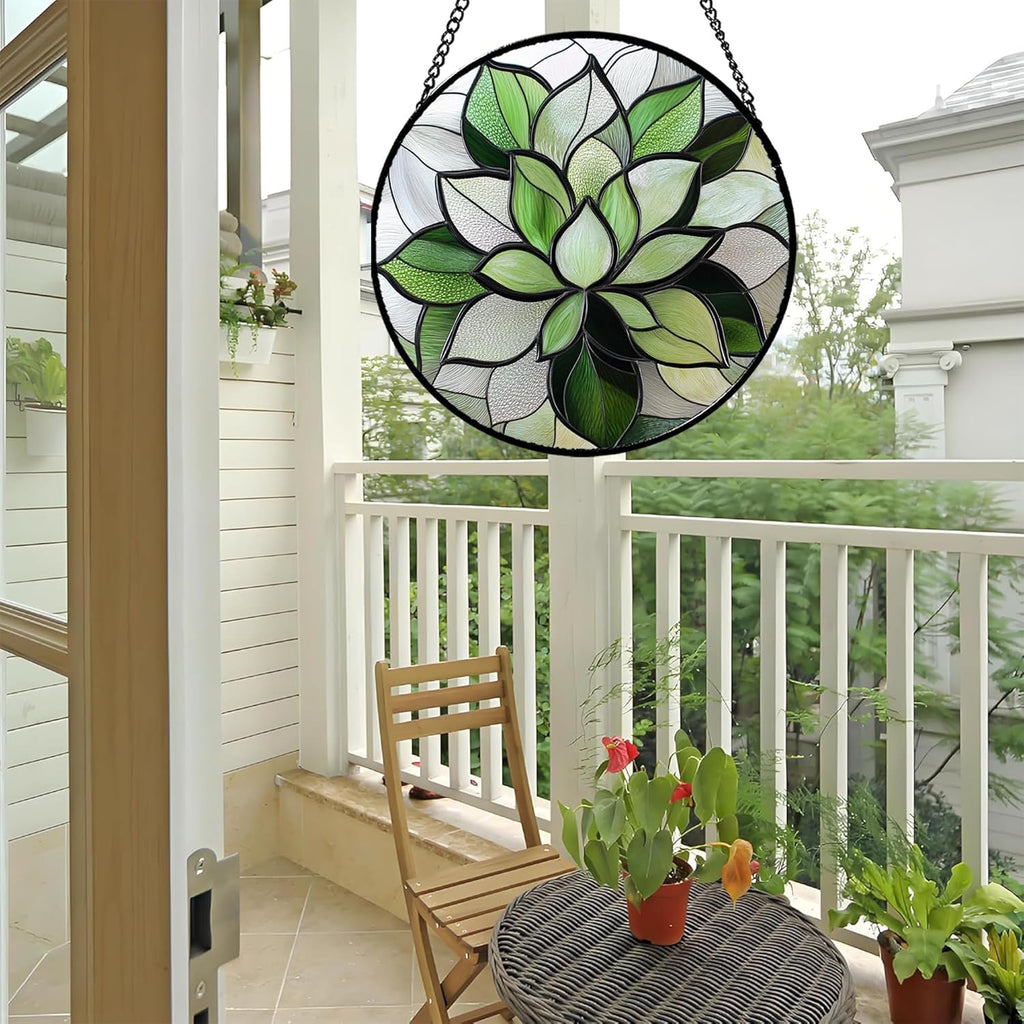 Stained Glass Window Hanging - Green Succulent Plants Suncatcher for Doors Garden Patio Floral Sun Catchers Decor Christmas Mother's Day Birthday Gifts for Women Men Mom Nana Friend 11.8 in