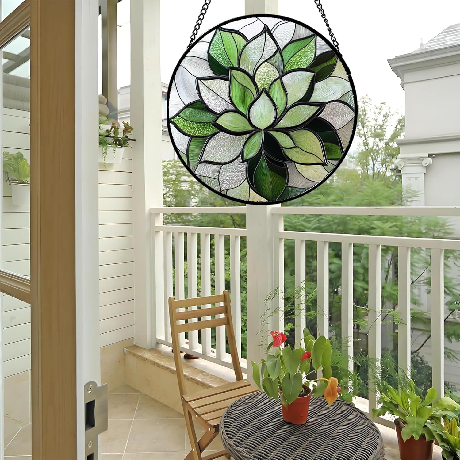 Stained Glass Window Hanging - Green Succulent Plants Suncatcher for Doors Garden Patio Floral Sun Catchers Decor Christmas Mother's Day Birthday Gifts for Women Men Mom Nana Friend 15 in