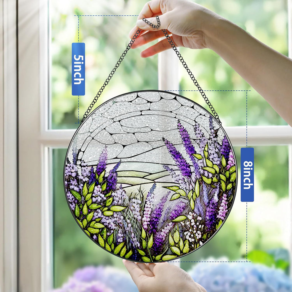Lavender Flower Stained Glass Suncatcher, Stained Glass Window Hanging, 8 Inch Green Plants Suncatcher Decor for Birthday for Women, Wife, Lovers, Mom, Grandma, Gift Idea