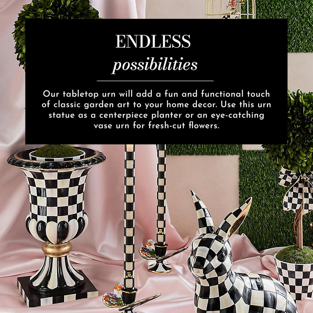 MACKENZIE-CHILDS Pedestal Tabletop Urn, Decorative Centerpiece for Table, Mantel, or Shelf, Tall, Gray-and-White Sterling Check