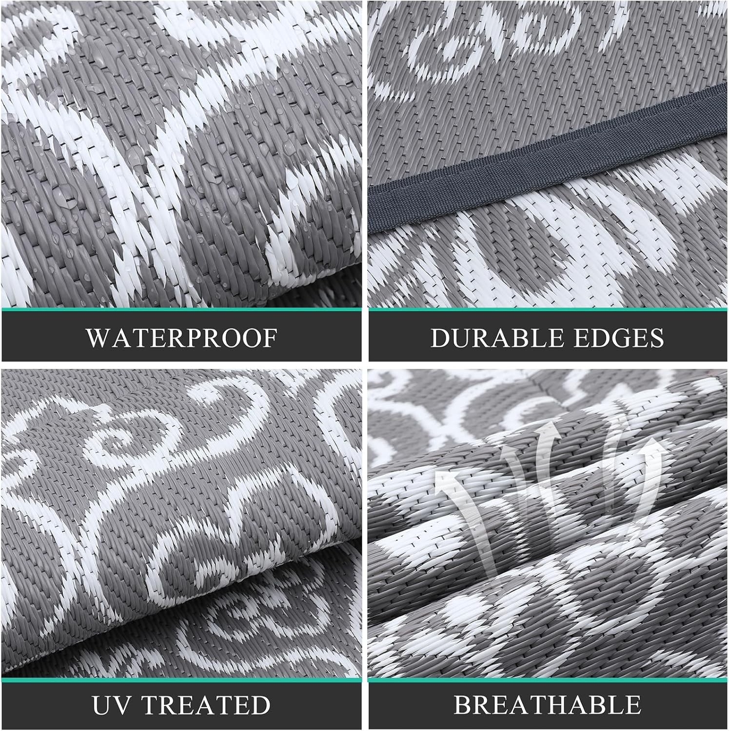 Pauwer Waterproof Outdoor Rug 6ft, Reversible Plastic Straw Patio Camping Rug, Indoor Outdoor RV Mat Carpet for Deck, Camper, Porch, Balcony, Backyard, Picnic, Floral Grey