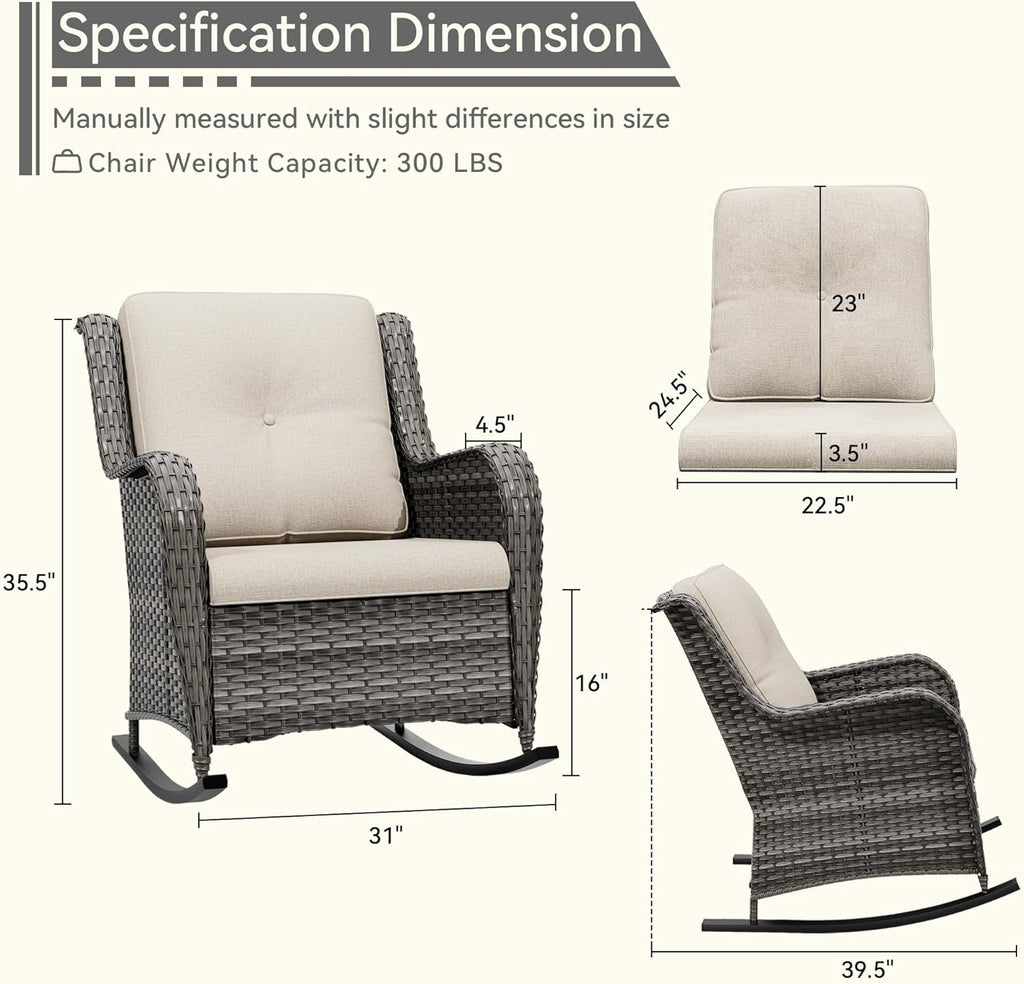 1 PC Outdoor Rocking Chair, Wicker Patio Rocker Chair for Yard, Porch, Mixed Brown Grey Rattan, Beige Cushions