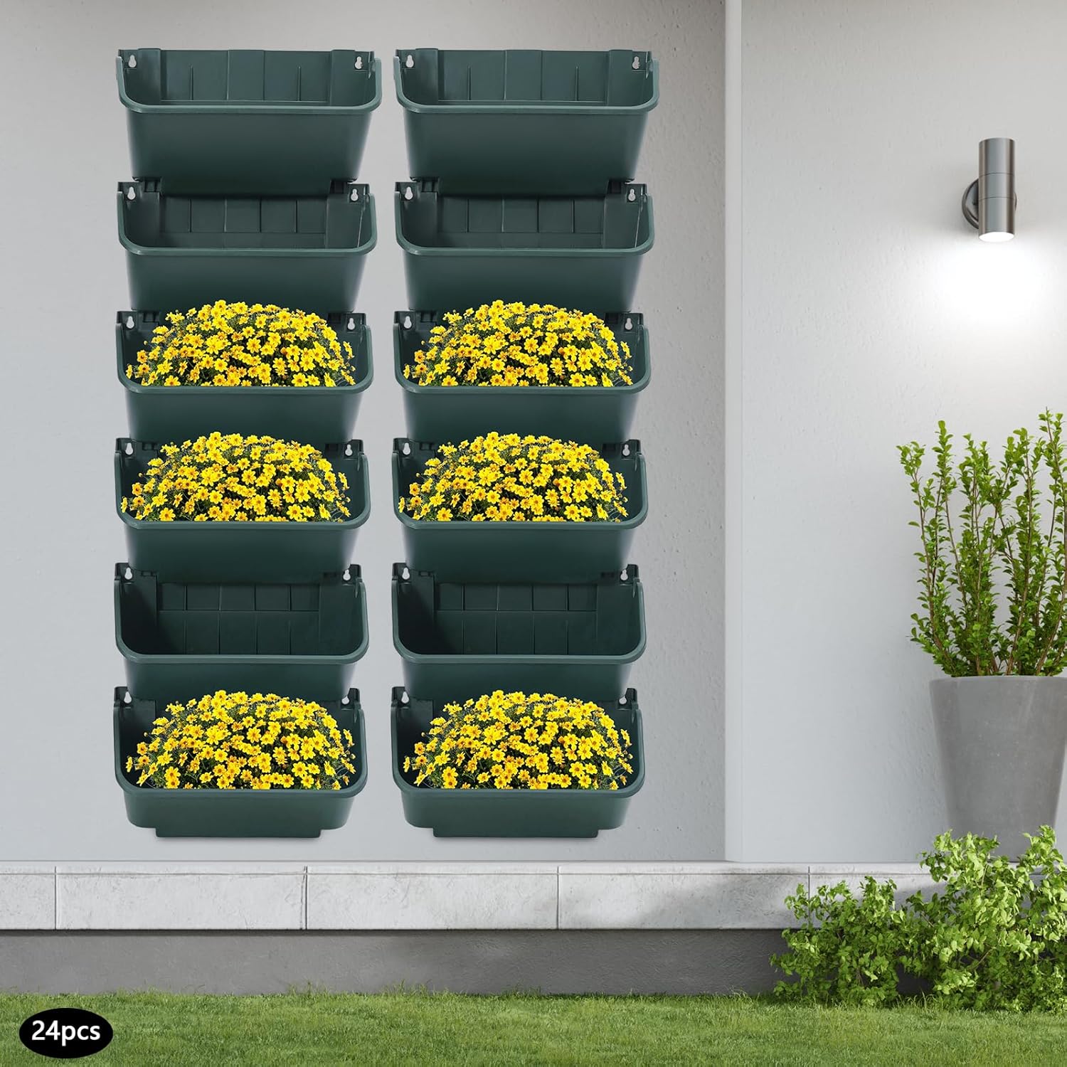 Eapmic Vertical Wall Planter with 24 Pots, Hanging Garden Plant Flowerpot Holder, Stackable Wall-Mounted Planter, Balcony Planters for Flowers Vegetables Fruits (Army Green, 24 Pots)