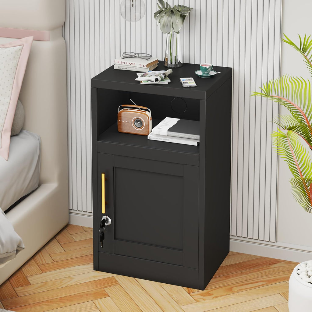 27" Metal Nightstand with Locked Doors, Small Sidetable with Storage Shelf, Storage Cabinet for Bedroom, Metal End Table for Home, Office Black