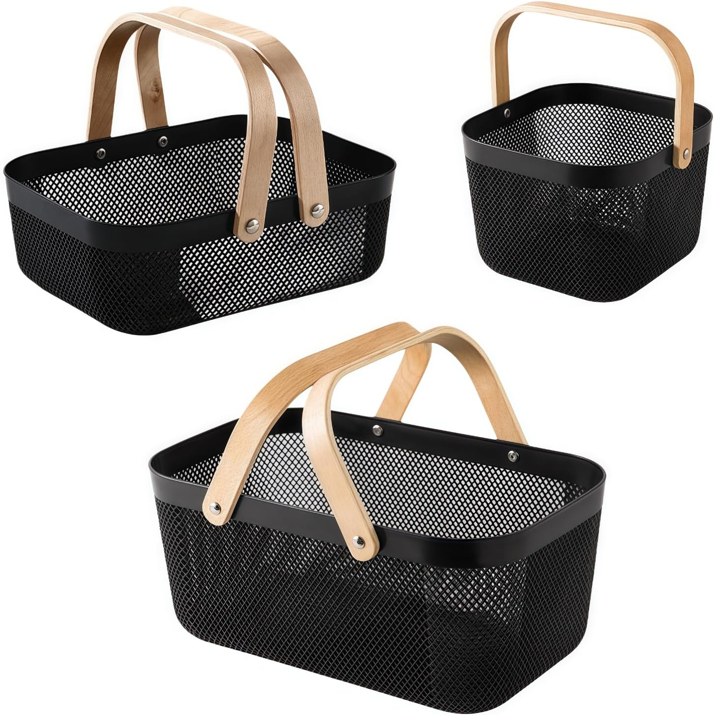3pcs plastic harvest baskets, foldable wooden handles, rectangular garden storage baskets, for picking and collecting vegetables and fruits in the garden cabinet (Black)
