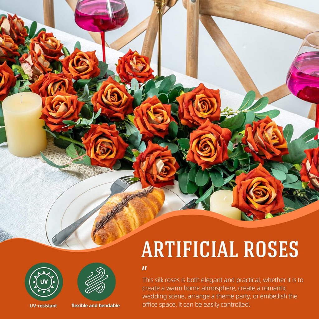 Fake Roses Faux Flowers Silk Roses Artificial Roses with Stems Realistic Artificial Flowers 16.5In Suitable for Indoor Home Decoration DIY Bouquet Wedding Decor Party Decor (Orange) 12PCS