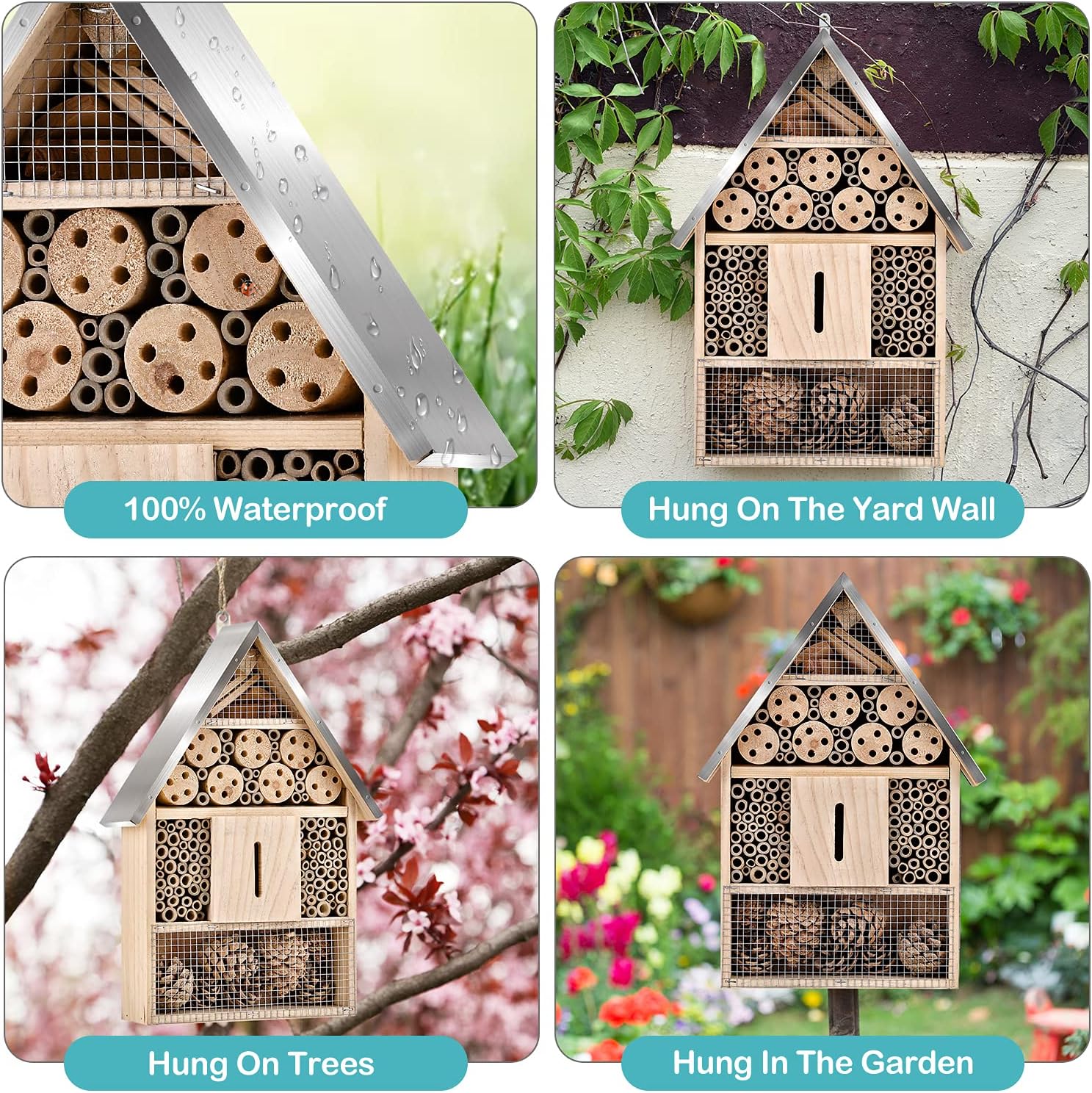 Wooden Mason Insect Bee Butterfly House,Insect Hotel,an Outdoor Hanging Bamboo Habitat for Bee Butterfly Ladybugs Live,Bee Box,Butterfly Habitat for Garden,9 x 15.7 x 2.5 Inch