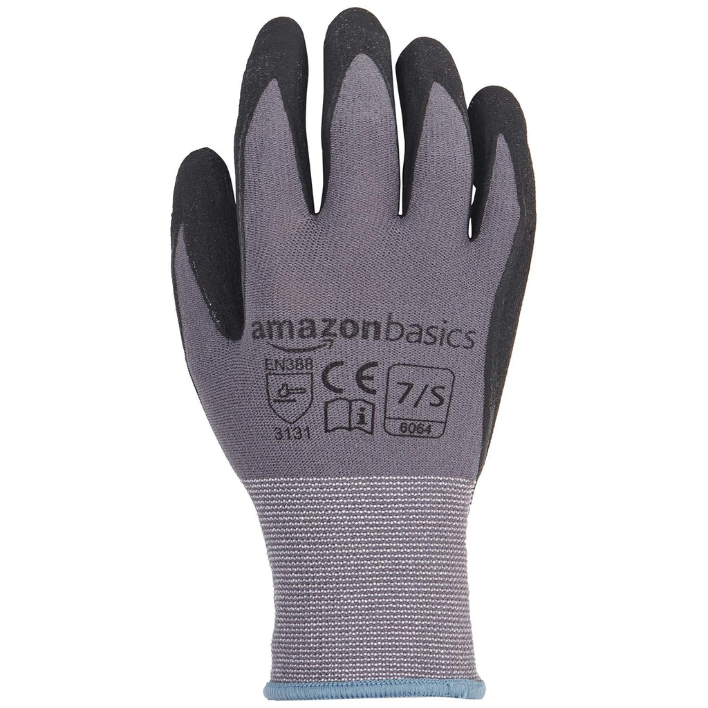 Amazon Basics Micro-Foam Nitrile Coated Work Gloves, Nylon Liner Fiber, Touch Screen, Grey, Size 7/S, 12-Pair