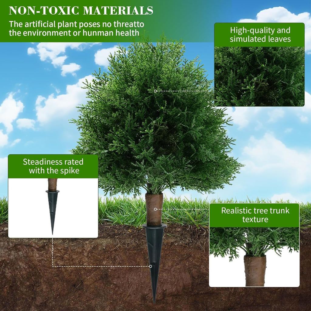 20" Artificial Cedar Topiary Ball Trees with Ground Spike, 2 Pack UV Resistant Artificial Shrubs, Fake Evergreen Artificial Plant Brush for Indoor Outdoor Front Porch Garden