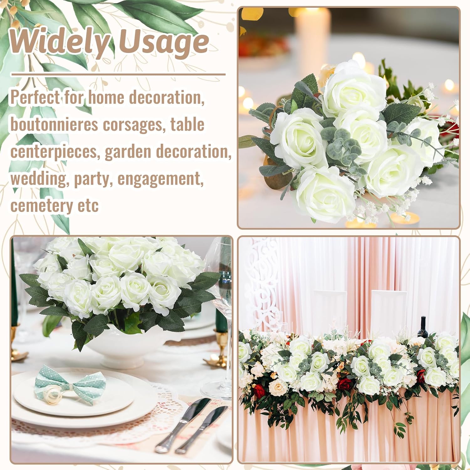 36 Pcs Silk White Rose Bouquet Bridal Artificial Flowers,Fake Rose Long Stem Realistic Artificial Flowers Bulk for Wedding Bouquet Ball Arrangement Centerpiece Party Decor