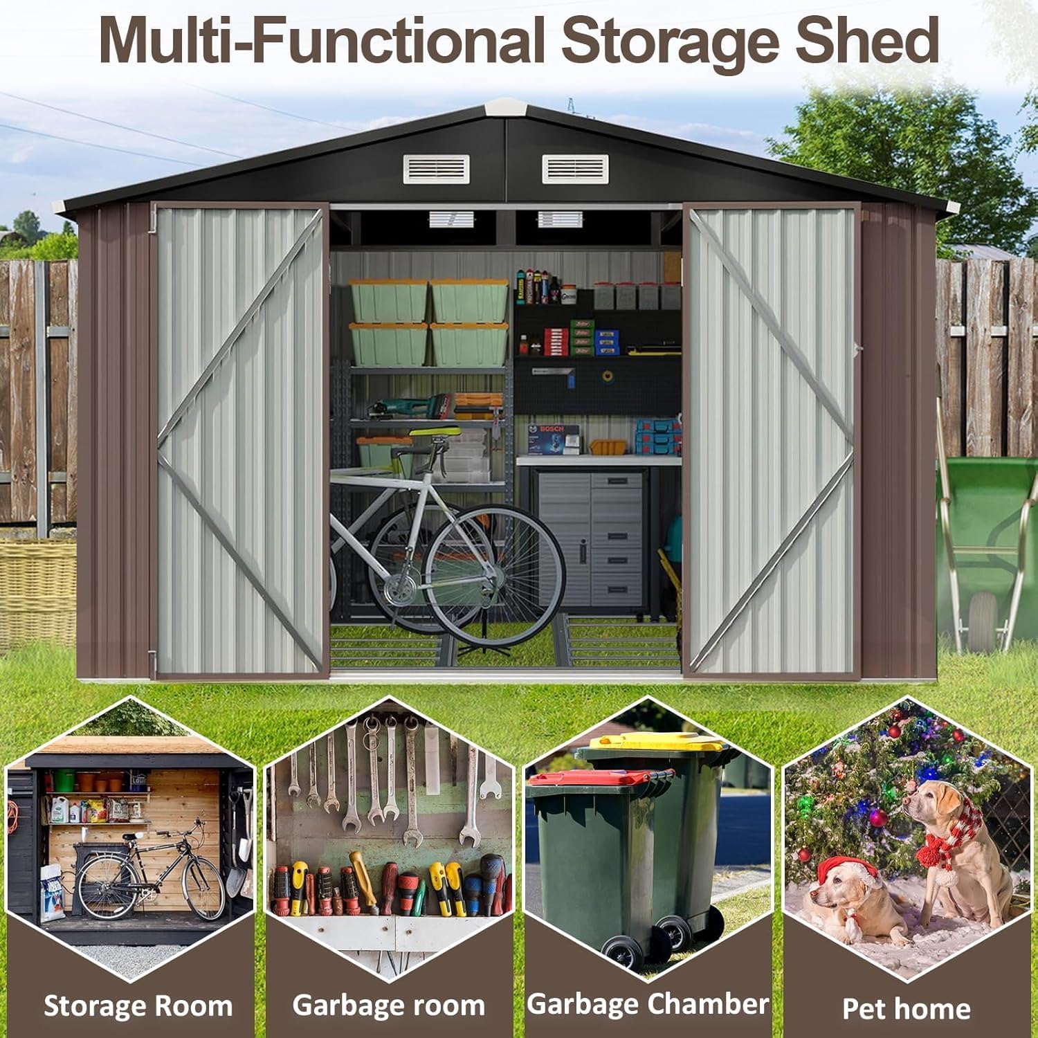 Aoxun 9.4x7.3x6.5 FT Outdoor Storage Shed, Garbage Can, Outdoor Metal Shed for Tool, Garden, Bike, Placed in Patio, Garden Brown Base Included
