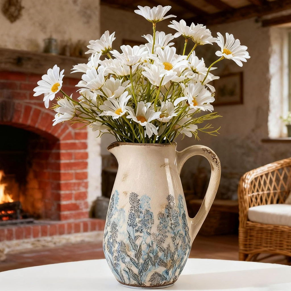 Vintage Blue and Beige Floral Ceramic Vase with Handle, Retro Ice Glazed Crack Farmhouse Pitcher Vase for Home Decor, Living Room, Shelf, Office, French Country Decorative Flower Vase 8.7 Inch