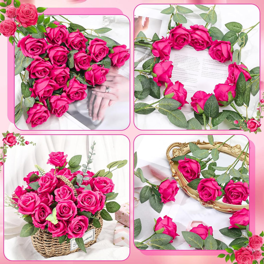 36 Pcs Hot Pink Artificial Roses with Long Stems, Fake Silk Rose Artificial Flowers Bulk for Bridal Wedding Bouquet Centerpiece Ball Arrangement Party Decor