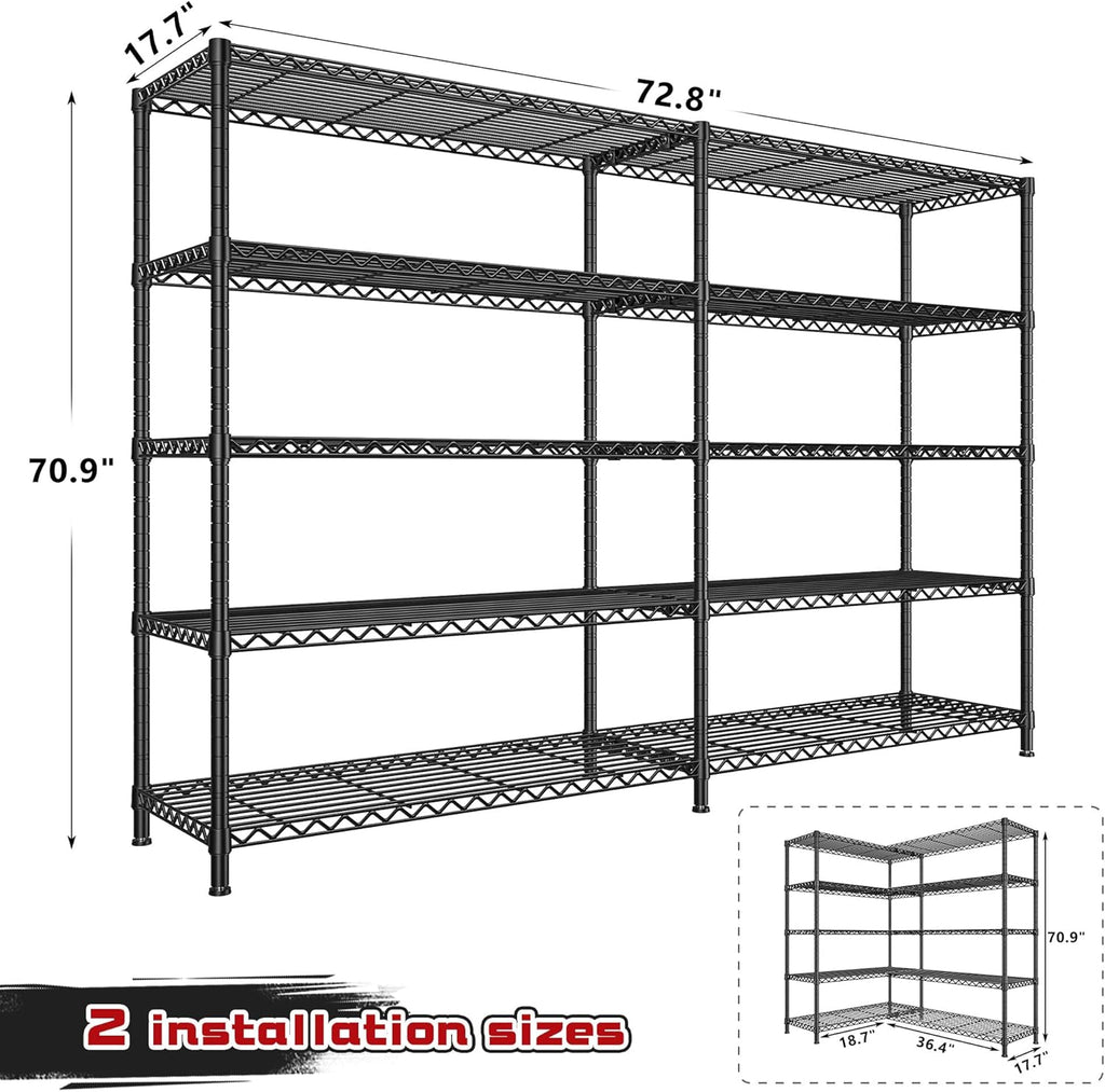 REIBII 72.8" W Storage Shelves Load 1600LBS, 5 Tier Metal Shelving Unit Wire Shelving for Storage Rack Heavy Duty Metal Shelves for Garage Pantry Kitchen, 17.7" D x 72.8" W x 70.9" H