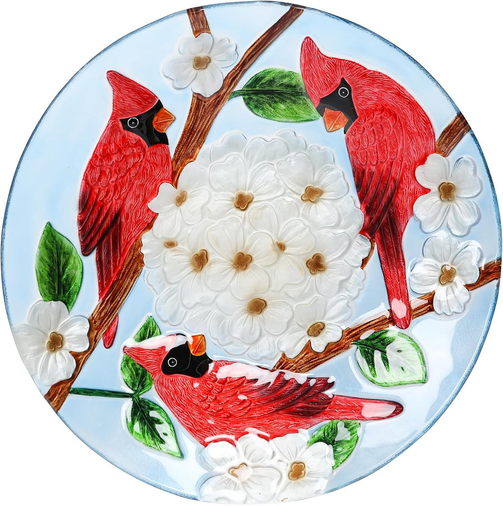 MUMTOP Outdoor Glass Birdbath with Metal Stand for Outside Yard Garden Decor, 18 inch Diameter Red Caridnals Bird Baths Bowl for Outdoors, 21.65 inch Height