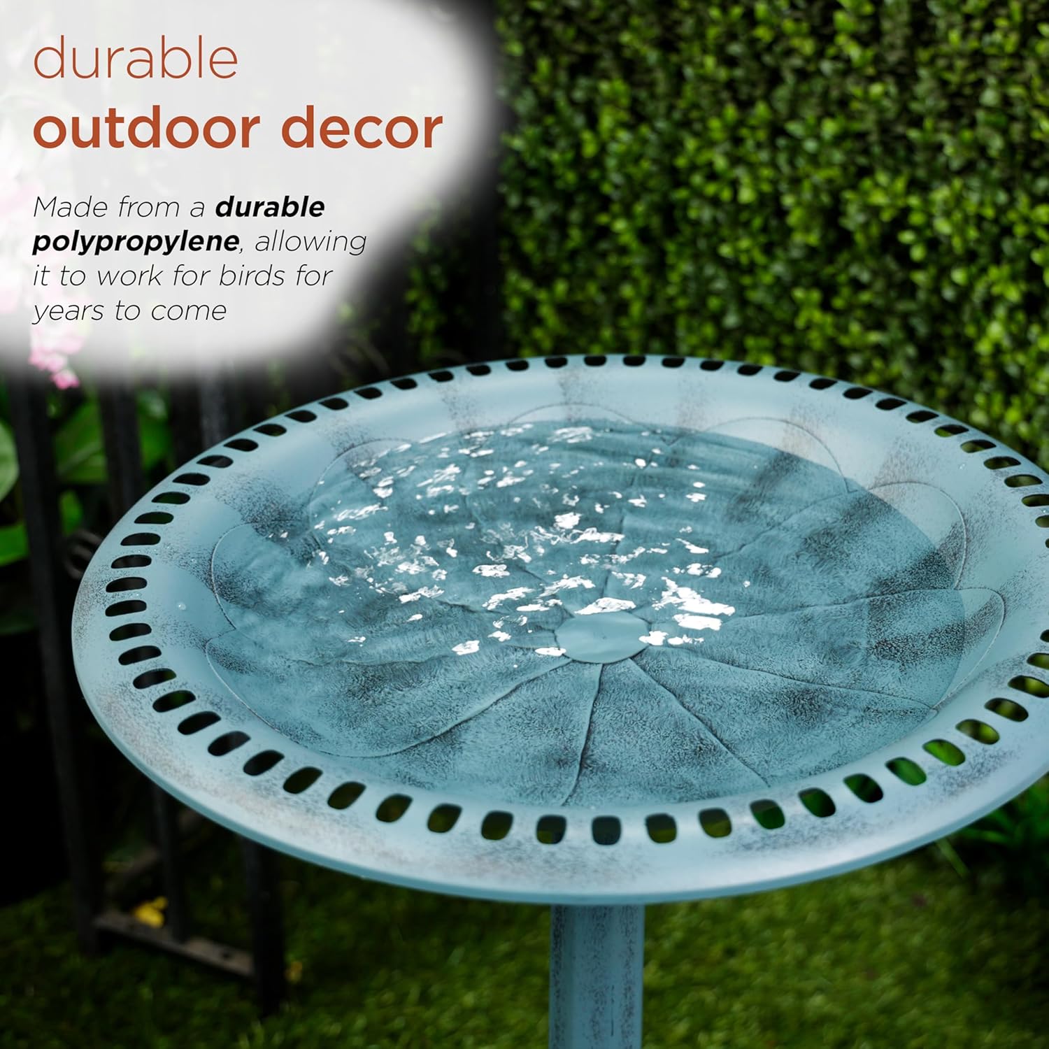 Alpine Corporation TEC116BL Pedestal Birdbath with Scrollwork Base and Ground Stakes, Décor for Lawn & Garden, 21" H, Blue