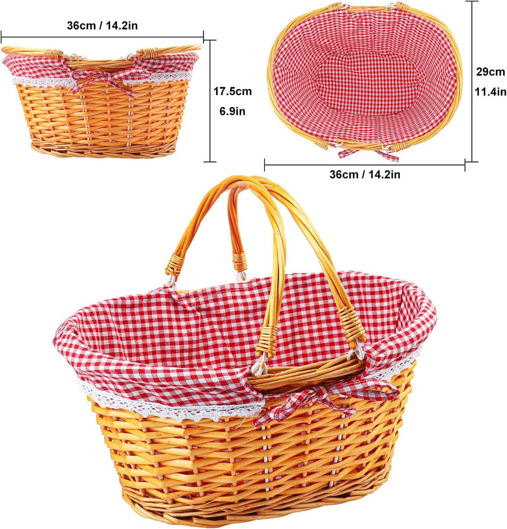 1 Pack 14.2 Inch Natural Wicker Basket with Checkered Lining, Oval Wicker Woven Basket with Handle, Willow Woven Picnic Baskets for Picnic, Camping, Party(Large)