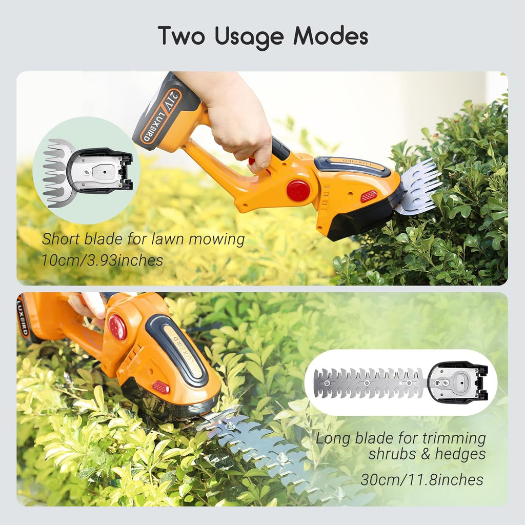 LUXBIRD 2-in-1 Mini Hedge Trimmer Cordless,Light Handheld Grass Trimmer, Electric Shrub Trimmer with 2Pcs Rechargeable Batteries and Case (Yellow)
