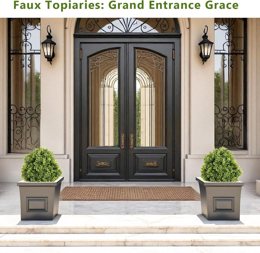 27“ Realistic Artificial Boxwood Topiary Trees Set of 2, Faux Boxwood Plants Outdoor UV-Resistant, No Maintenance Curb Appeal Fake Evergreen Bushes & Shrubs for Front Porch Outside Planter Decor